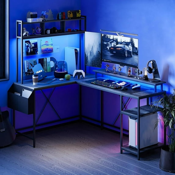 L-Shaped Computer Desk with LED Lights、Power Outlets and Storage Shelves