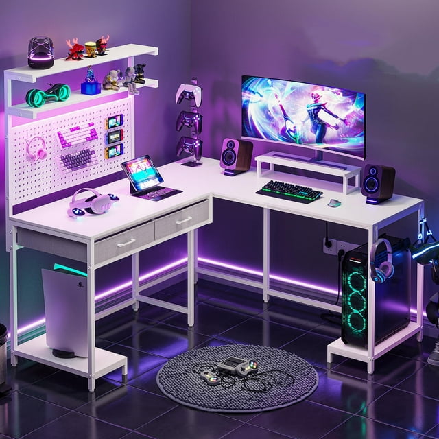 L Shaped Computer Desk with LED Lights and Drawers, Gaming Desk with Pegboard, Home Office Desk