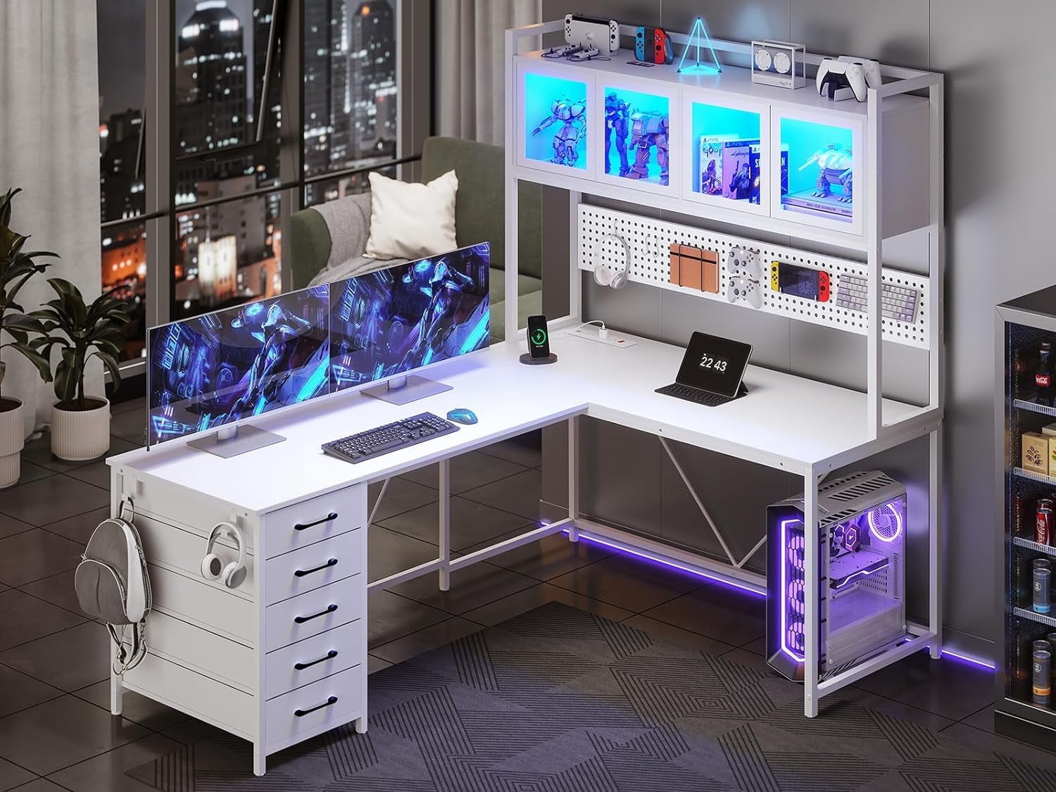 L-Shaped Computer Desk with LED Strips&Display Cabinet Reversible Gaming Desk with Power Outlets/5 Drawers/Pegboard for Office, White