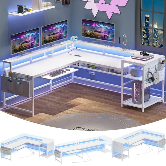 L Shaped Computer Desk with Led Lights, Reversible Office Desk with Pegboard and Storage Shelves, Modern Corner Desk