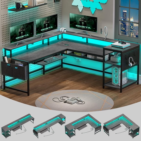 L Shaped Computer Desk with Led Lights, Reversible Office Desk with Pegboard and Storage Shelves, Modern Corner Desk