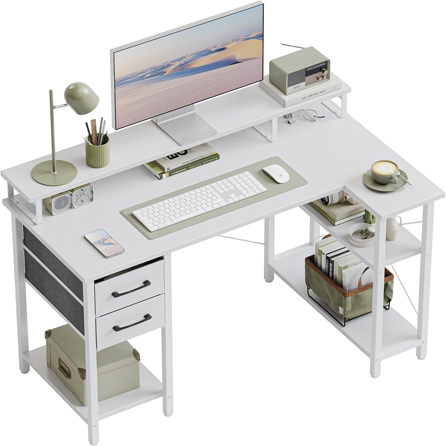 White Corner Computer Desk with Headphone Hook and Shelves
