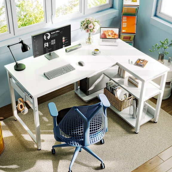 Casacomoda 40 Inch L Shaped Computer Desk with 3 Storage Shelves, Small Reversible Corner Desk for Small Space with Hock, Home Office L-Shaped Desk, White