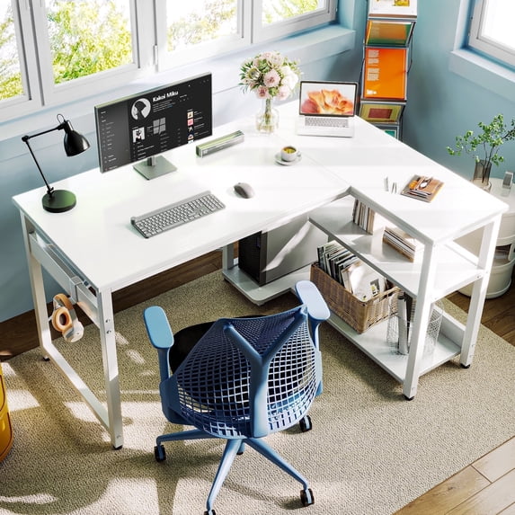 Casacomoda 40 Inch L Shaped Computer Desk with Storage Shelves & CPU Stand, Small Corner Desk with Headphone Hook, Home Office Desk, Reversible, White
