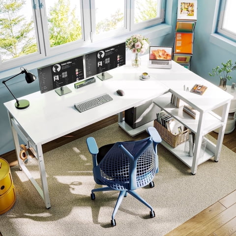Casacomoda 55 Inch L Shaped Computer Desk with Storage Shelves & CPU Stand, Large Corner Desk with Headphone Hook, Home Office Desk, Reversible, White