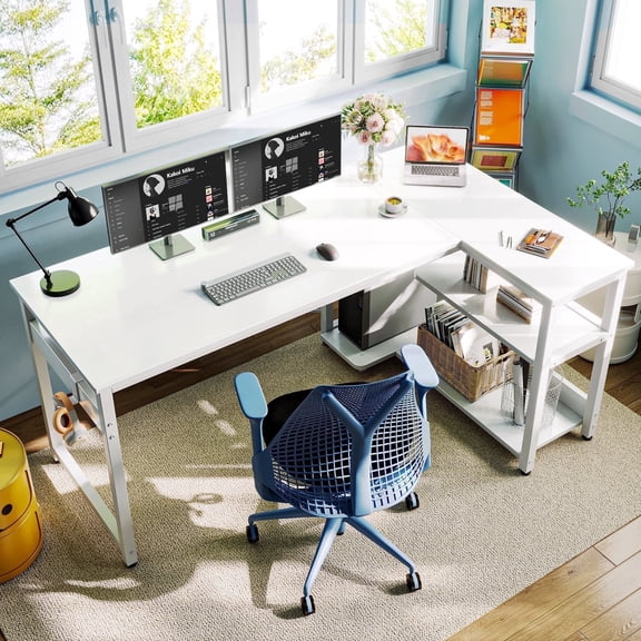 Casacomoda 55 Inch L Shaped Computer Desk with Storage Shelves & CPU Stand, Large Corner Desk with Headphone Hook, Home Office Desk, Reversible, White