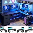 thumbnail image 1 of L Shaped Computer Desk with Power Outlet and LED Strip, Reversible Corner Gaming Desk with 2 Drawer and Keyboard Tray, Black, 1 of 8
