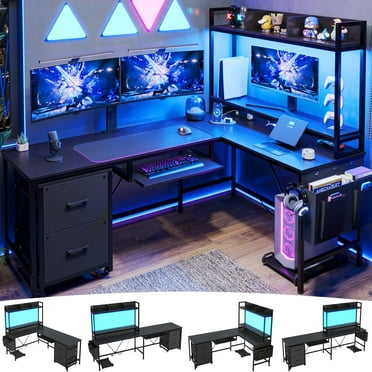 L Shaped Computer Desk with Power Outlet and LED Strip, Reversible Corner Gaming Desk with 2 Drawer and Keyboard Tray, Black