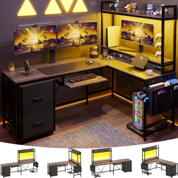 L Shaped Computer Desk with Power Outlet and LED Strip, Reversible Corner Gaming Desk with 2 Drawer and Keyboard Tray, Grey