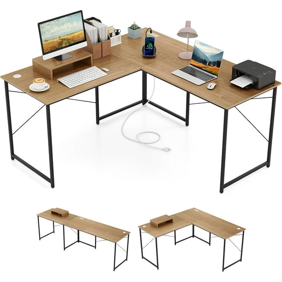 L-Shaped Computer Desk with Power Outlets, Corner Desk Gaming Table with USB Ports for Home Office