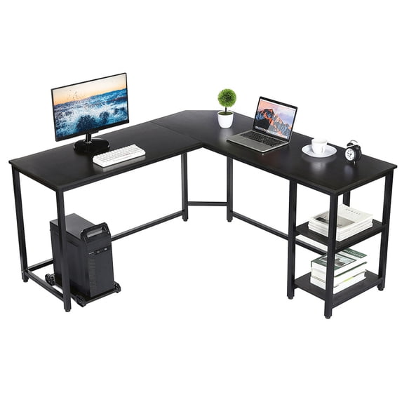 L Shaped Computer Desk with Storage Shelves Industrial Corner Desk Writing Study Table with Round Corner, Gaming Workstation with CPU Stand