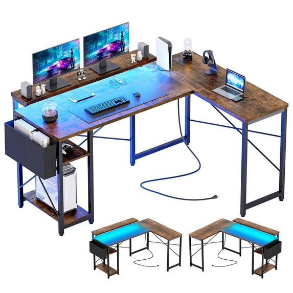 L Shaped Computer Gaming Desk with Power Outlet & LED Light, 54 Inch Reversible Modern Office Computer Desk, Corner Desk with USB Charging Port & Storage Bag