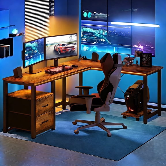 Computer Desk, Lofka 66" L Shaped Gaming Desk with Power Outlets and USB Charging Ports for Home Office, Retro Brown