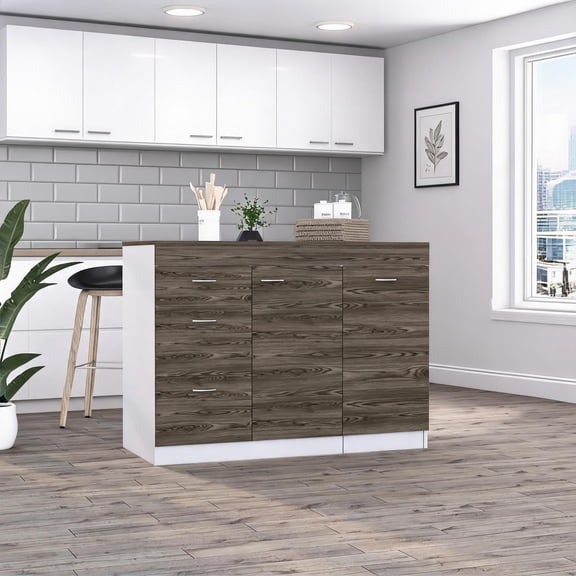 L-Shaped Convertible Kitchen Island with 3 Drawers Cabinet Storage, Brown Finish