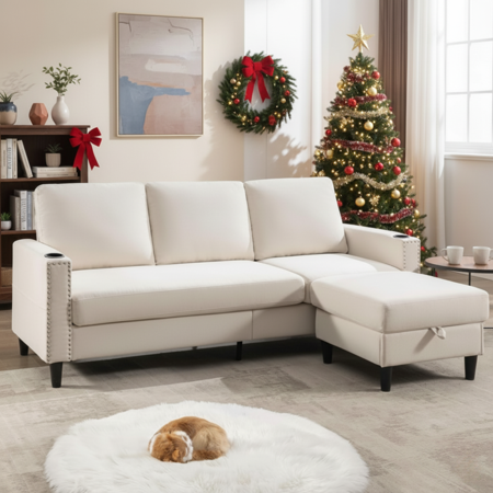 L-Shaped Convertible Sectional Couch with Storage Chaise & 2 Cup Holders, 3-Seater Compact Design Sectional Sofa for Small Spaces, Living Rooms and Apartments, Beige