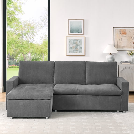 L Shaped Convertible Sleeper Sofa Bed, 90" Sectional Couch for Living Room, Pull Out Bed, Reversible Chaise with Storage, Removable& Washable Beige Corduroy Covers (Gray)