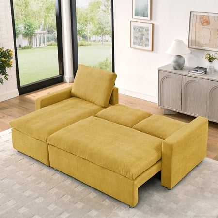 L Shaped Convertible Sleeper Sofa Bed, 90" Sectional Couch, Yellow Corduroy, Pull Out Bed, Reversible Chaise with Storage