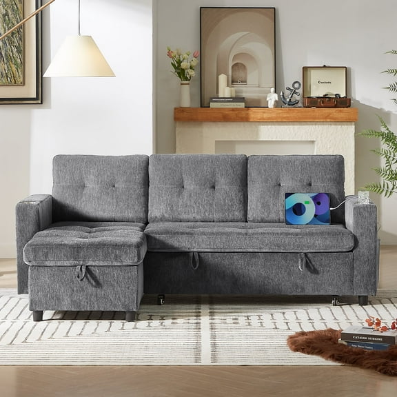 Convertible Sofa Bed, Chenille Fabric Sectional Sleeper Sofa with Storage Chaise & USB Charging, L-Shaped Couch for Living Room, Gray