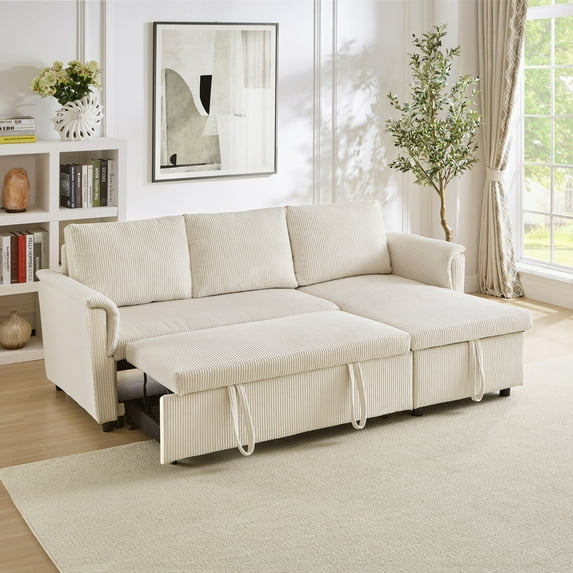 L-Shaped Corduroy Modular Sectional Couch with Chaise Lounge, Pull-Out Bed, Convertible Sleeper Sofa Bed with Storage for Living Room, Beige