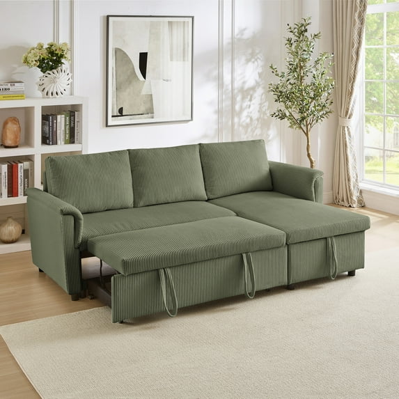 L-Shaped Corduroy Modular Sectional Couch with Chaise Lounge, Pull-Out Bed, Convertible Sleeper Sofa Bed with Storage for Living Room, Green