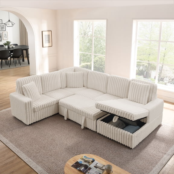 L-Shaped Corduroy Sectional Sofa with Hidden Storage, Oversized Cloud Couch with Pull - out Bed & Storage Chaise, Deep Seat Fabric Sofa for Living Room (Beige)