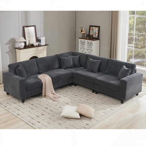 L Shaped Corduroy Upholstered Oversized Modular Sectional Sofa Set, 5 Seat with 5 Throw Pillow and 6 Back Cushion for Living Room and Apartment - Gray, Sturdy Frame for Longevity!