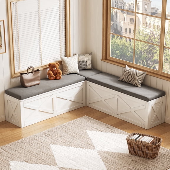Farmhouse L-Shaped Corner Storage Bench with Cushion Seating for Entryway, Cloakroom & Bedroom
