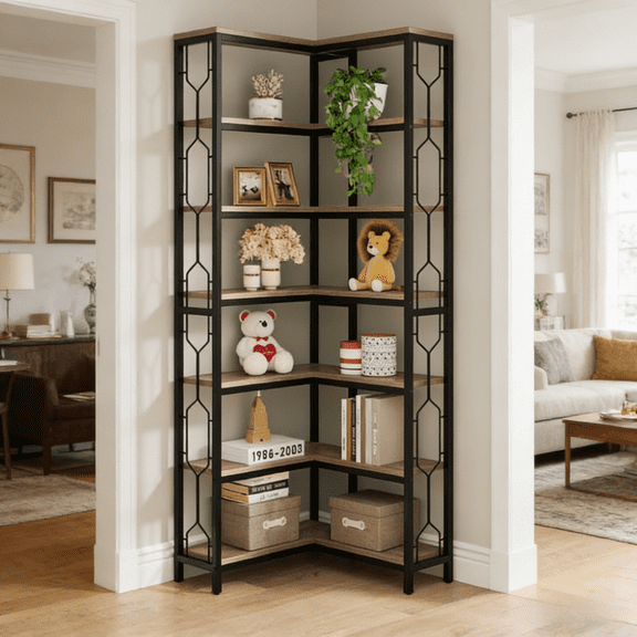 L Shaped Corner Bookcase 7 Tier Industrial Storage Shelf Tall Metal Frame MDF Open Shelves Unit Space Saving Furniture for Home Office Living Room Library Study Room Easy Assembly
