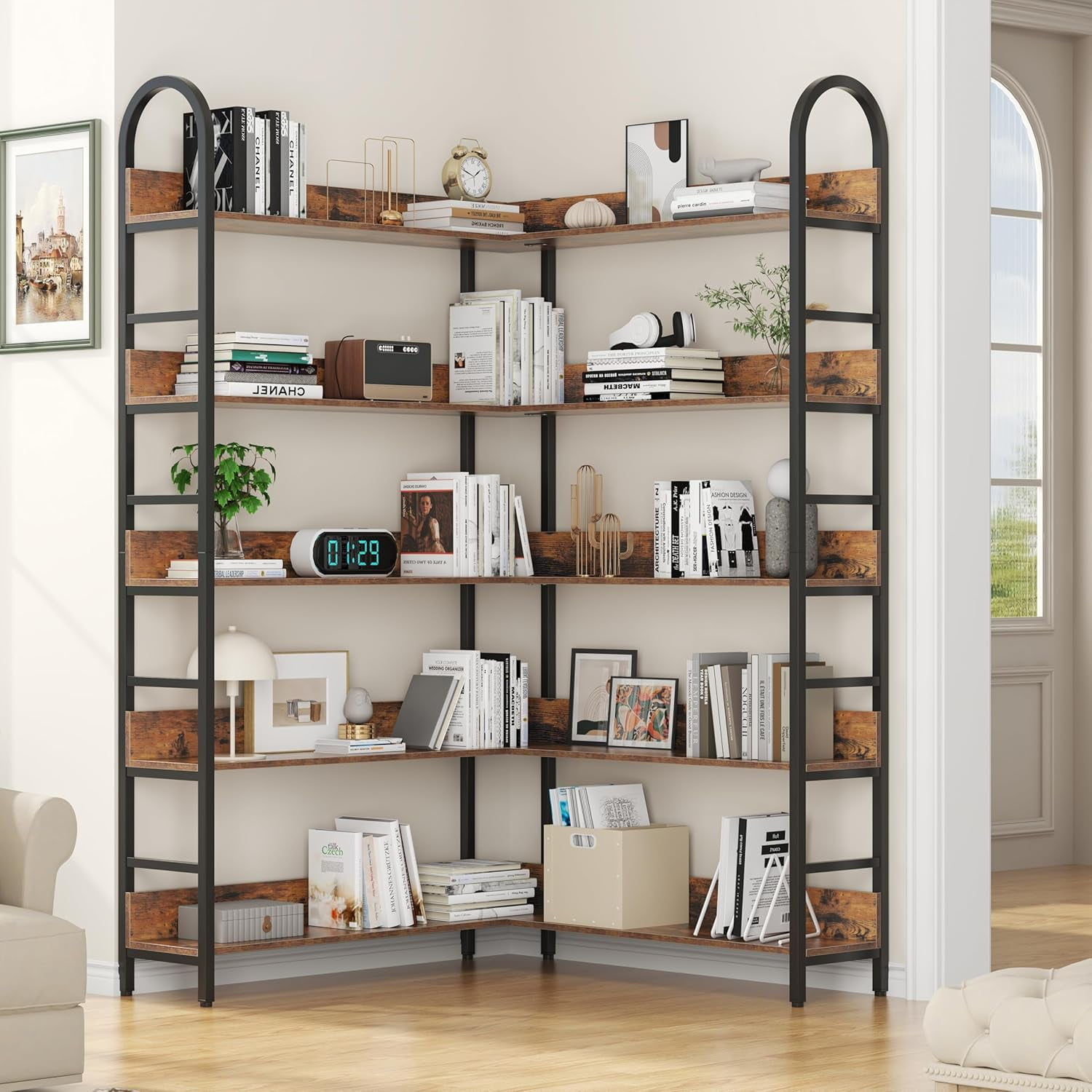 L Shaped Corner Bookcase and Bookshelves, 5-Tier Tall Open Shelf ...