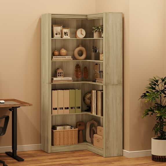 L-Shaped Corner Bookcase, Industrial Wooden 5-Tier Bookshelf with Open Shelves, Floorstanding Storage Shelf for Living Room, Bedroom, Home Office
