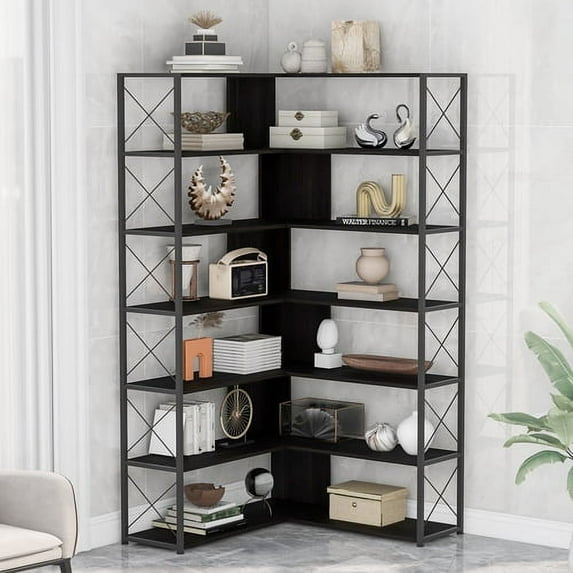 L-Shaped Corner Bookcase, Vintage 7-Tier Tall Corner Bookshelf with Open Storage, Industrial Etagere Shelf, Metal Frame Freestanding Style Corner Cabinet for Living Room Home Office, Black