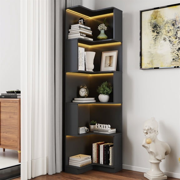 L-Shaped Corner Bookshelf, 5 Tier Freestanding Display Shelf with LED Lights and Baffle, Storage Bookcase for Home, Office, Kitchen