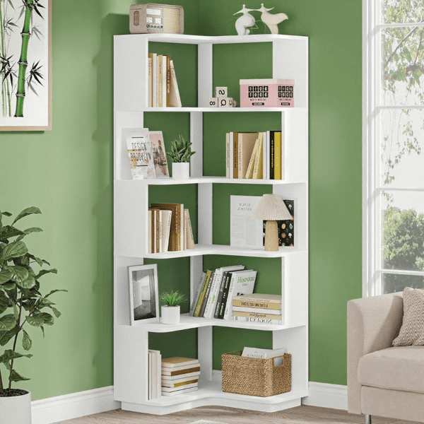 L-Shaped Corner Bookshelf, 6-Tier Anti-Falling Baffle Design, Modern Storage for Living Room, Bedroom, Office