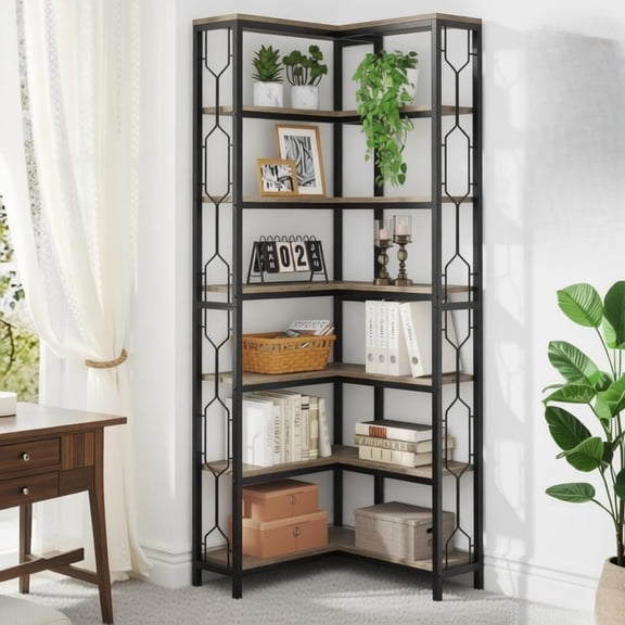 L Shaped Corner Bookshelf 7 Tier Industrial Bookcase Metal Frame MDF Shelves 11in Height Per Shelf 100lbs Capacity Hexagon Accents Storage Display Shelf for Living Room Home Office Bedroom Black