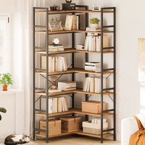 L Shaped Corner Bookshelf, 7 Tier Reversible Industrial Bookcase with Open Storage Shelves, Metal Frame Display Rack for Home Office, Living Room, Bedroom, Kitchen, Vintage