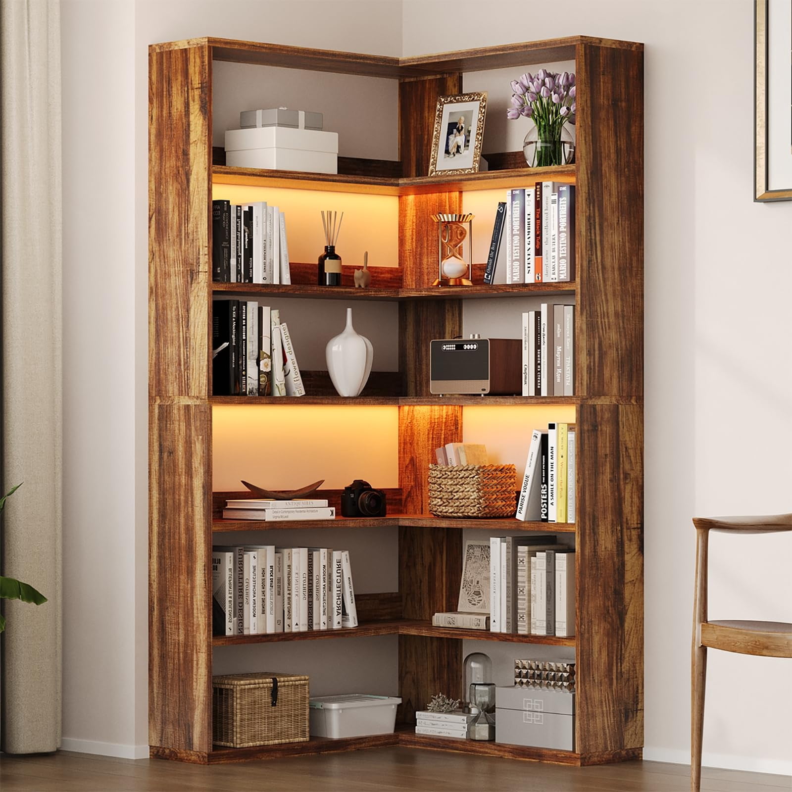 L-Shaped Corner Bookshelf with 2 LED Light Strips, 6 Tier Industrial ...