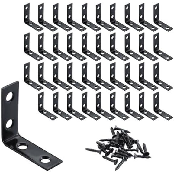 L-Shaped Corner Braces, 40-Piece Metal Black Corner Bracket 1-1/2 Inch Right Angle Brackets for Shelves, Wood Furniture, Frames - Includes Rust-Resistant Screws