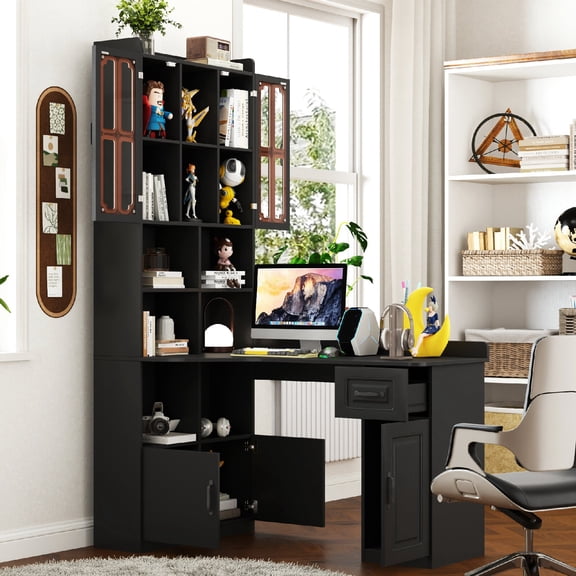 L-Shaped Corner Computer Desk for Home Office or Study desk, Study Modern Style Table with Drawers, Bookshelf & Hutch, 2-in-1 L-Shaped Design, Large Working Space, Black