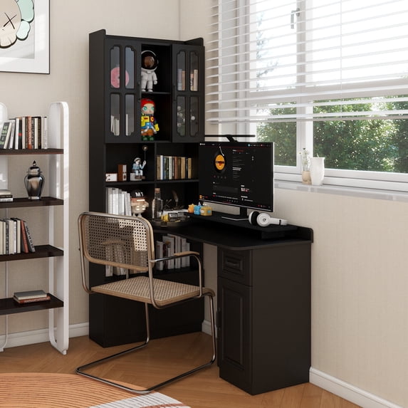 L-Shaped Corner Computer Desk for Home Office or Study desk, Study Modern Style Table with Drawers, Bookshelf & Hutch, 2-in-1 L-Shaped Design, Large Working Space,black