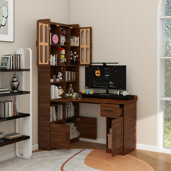L-Shaped Corner Computer Desk for Home Office or Study desk, Study Modern Style Table with Drawers, Bookshelf & Hutch, 2-in-1 L-Shaped Design, Large Working Space