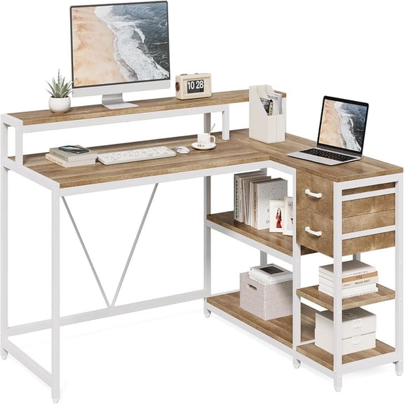 L-Shaped Corner Computer Desk with Storage Drawers & Shelves Space-Saving Home Office Study Desk with Elevated Monitor Stand Sturdy Writing Table for Home Office
