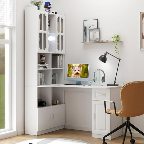 L-Shaped Corner Computer Desk with Tier Open Shelf,4 Cabinets and 1 Drawer,Waterproof Wood Office Table w/Bookshelf & Hutch,2-in-1 L-Shaped Design,Large Working Space,White