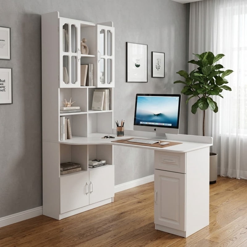 L-Shaped Corner Computer Desk with Cabinets and 1 Drawer, Office Desk with Bookshelf and Hutch, Writing Table Large Workstation with Open Shelves