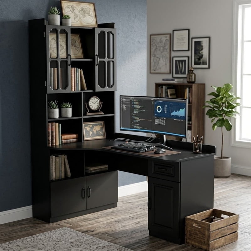 L-Shaped Corner Computer Desk with Cabinets and 1 Drawer, Office Desk with Bookshelf and Hutch, Writing Table Large Workstation with Open Shelves
