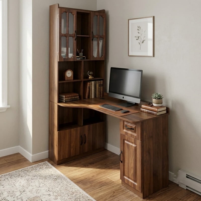 L-Shaped Corner Computer Desk with Cabinets and 1 Drawer, Office Desk with Bookshelf and Hutch, Writing Table Large Workstation with Open Shelves