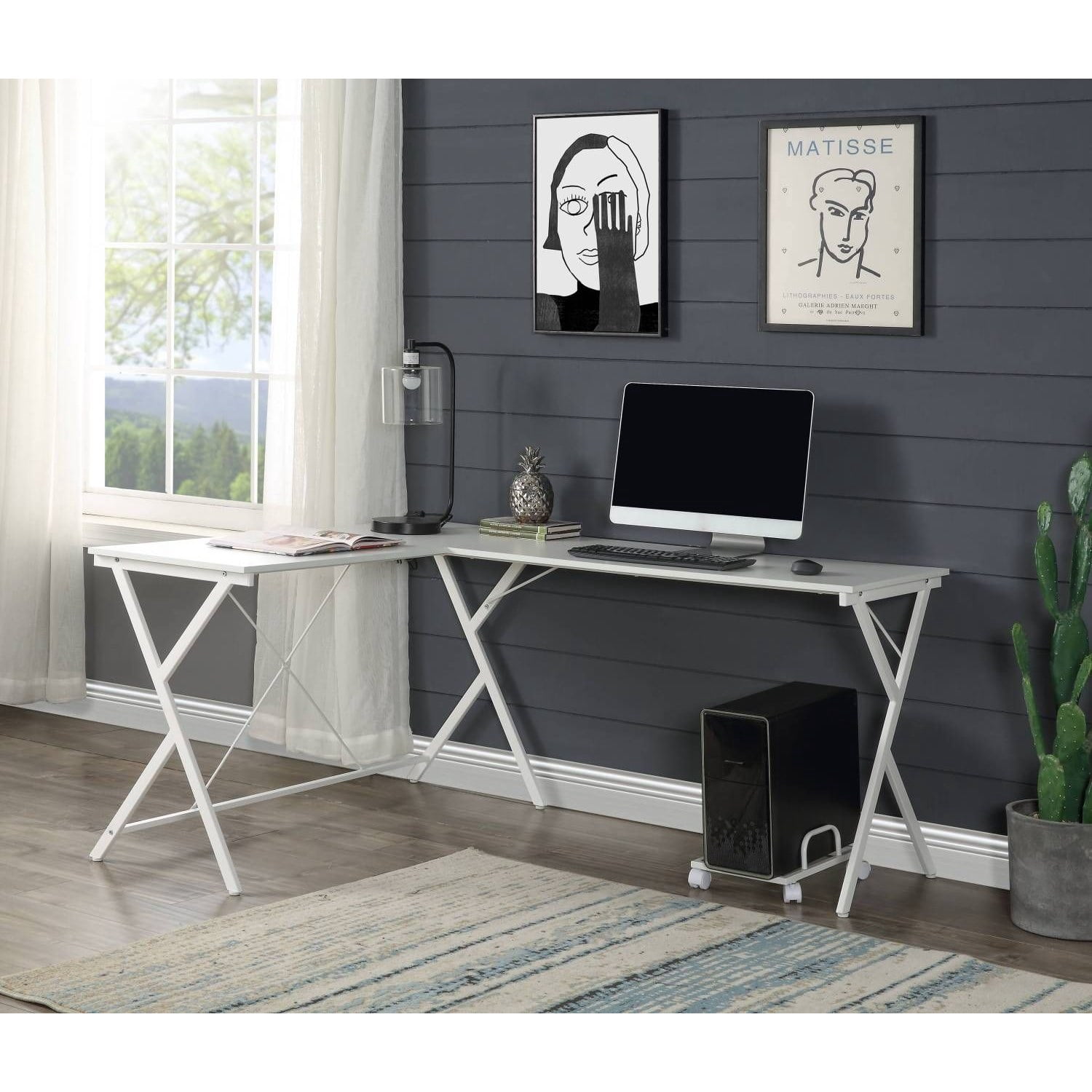 L-Shaped Corner Computer Desk with Metal Frame and Rolling CPU Holder for Home Office and Study