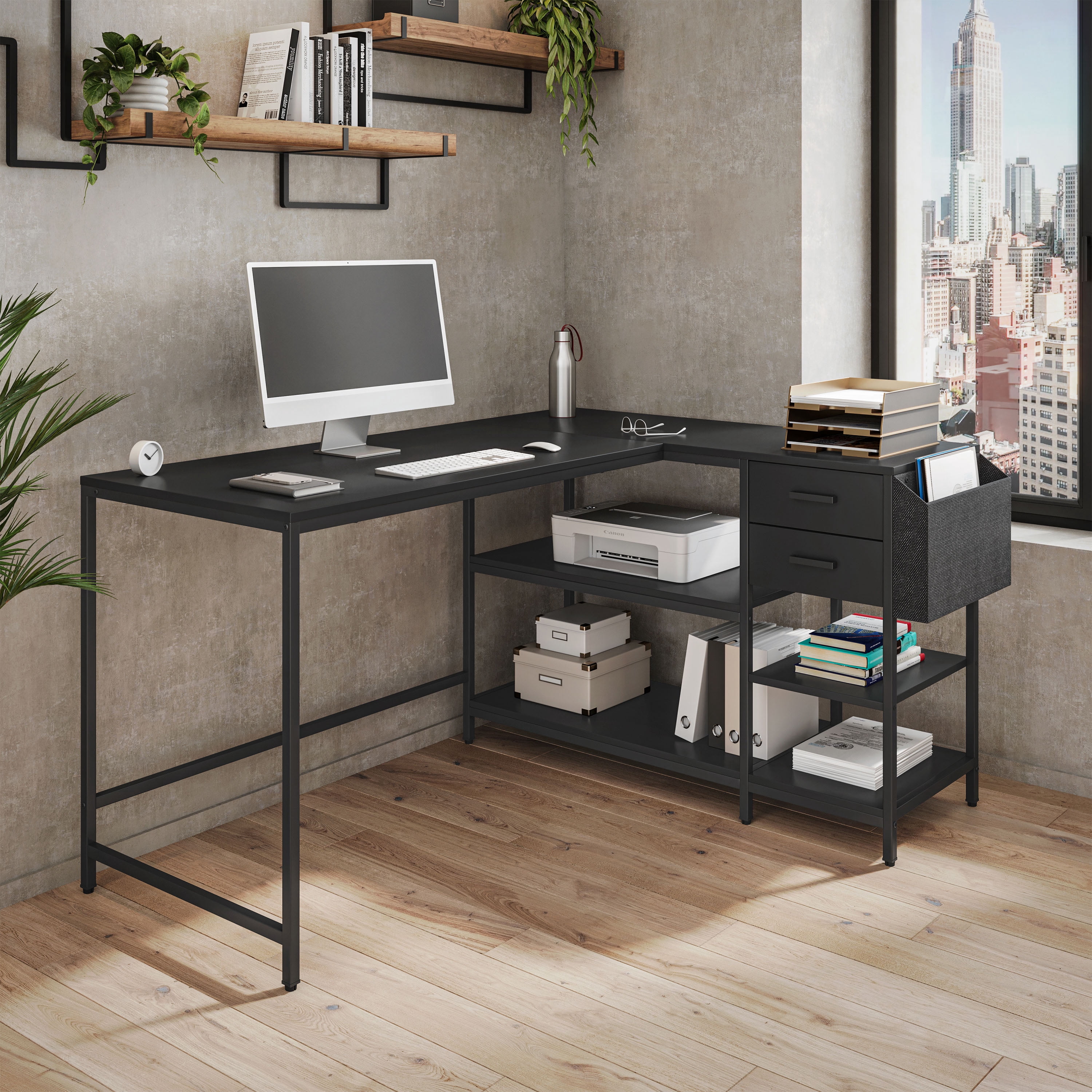 L-Shaped Corner Computer Desk with Storage, Metal Frame Workstation with Open Shelves, 2 Drawers & Fabric Organizer for Home Office Study