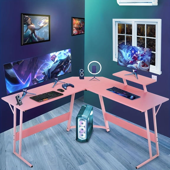 L-Shaped Corner Desk, 55" Wood Gaming Desk with Monitor Stand for Home Office or Gaming Setup