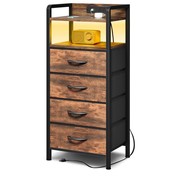 Bestco LED Nightstand End Table with Charging Station & 4 Drawers for Bedroom Rustic Brown
