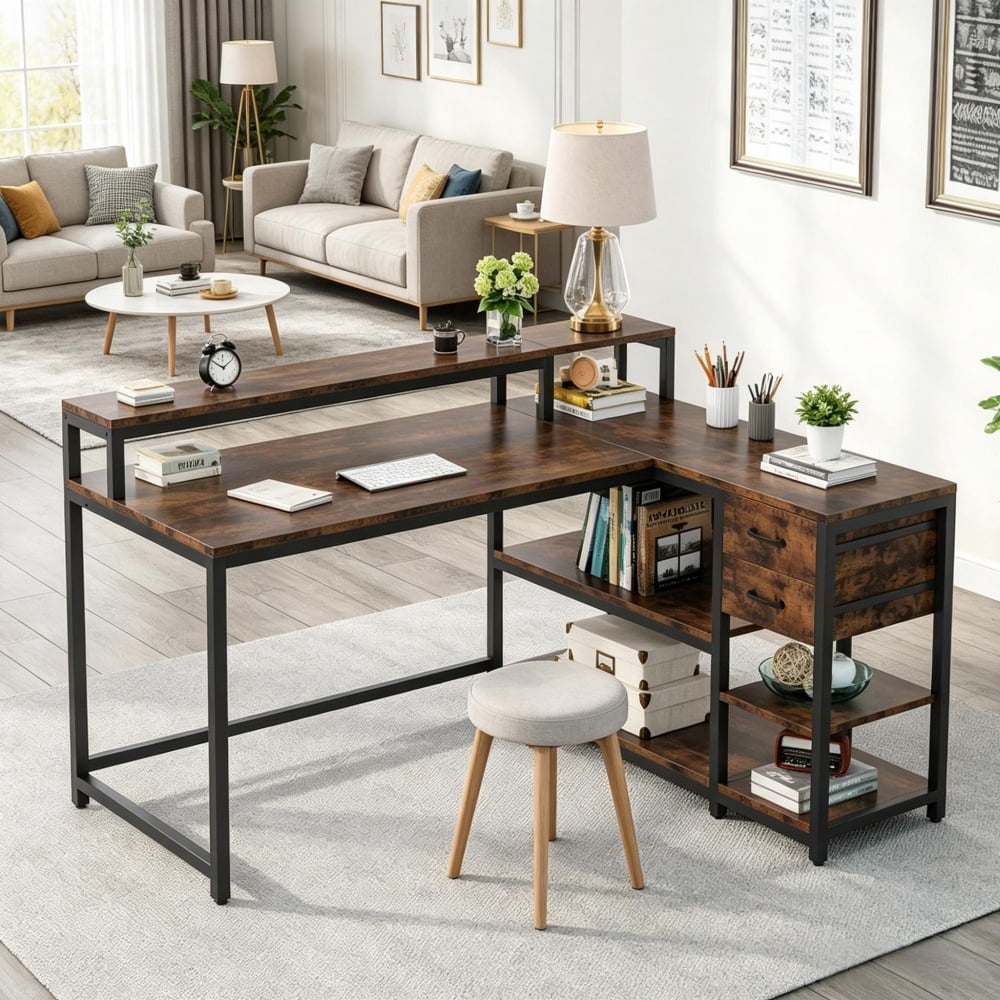 L-Shaped Corner Desk with Shelves & Drawers, Monitor Riser Workstation, E1 Particle Board Metal Frame Computer Desk for Home Office Gaming